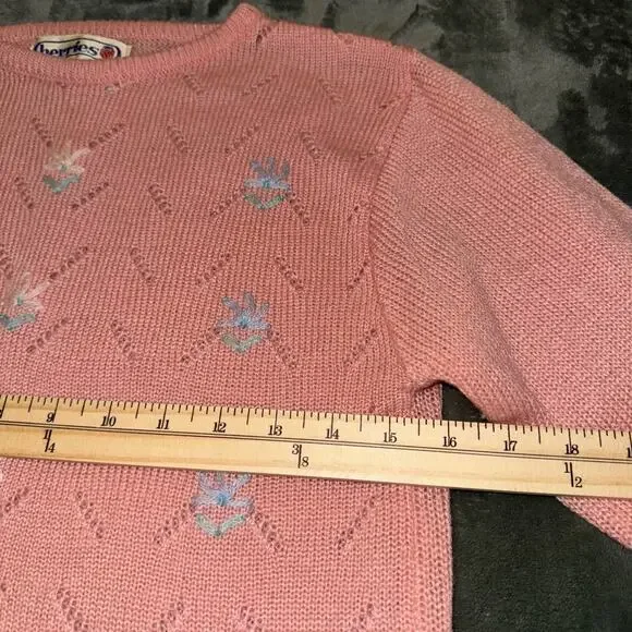 VTG Berries Sweater Women's Large Pink Floral Embroidered Acrylic Peplum Hem - Picture 9 of 10